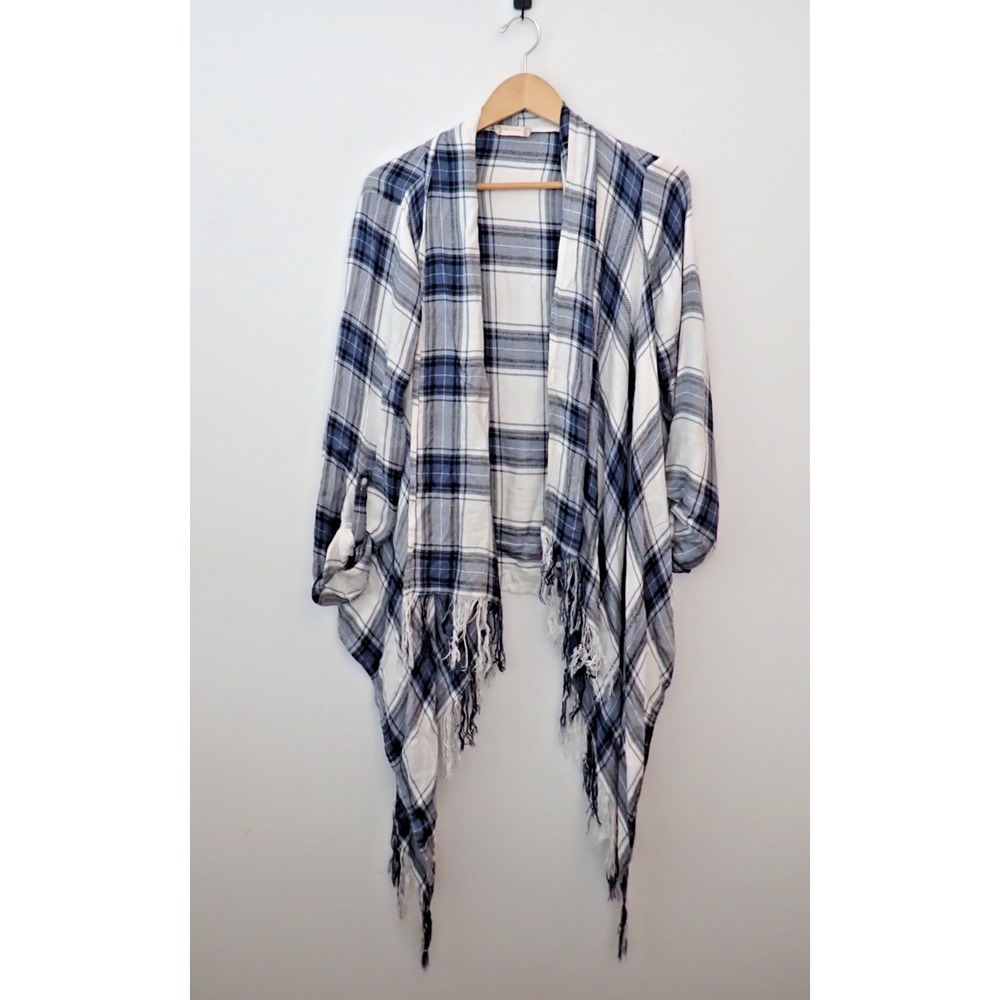 Altar'd State Fringe Open Front Cardigan, Lightweight Navy White Plaid Size S